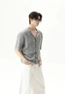 Cable Knit Button-Up Short Sleeve Shirt With Open Collar -Modern Wear Shop 3ebf009bcfc16ef08afc9099becdc59d