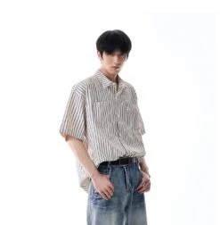 Oversized Stripe Short Sleeve Button Shirt With Chest Pockets -Modern Wear Shop 3ee143300160940deded0102ba85b70f