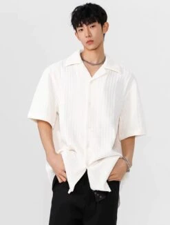 Textured Button-Up Shirt With Camp Collar -Modern Wear Shop 3f08a77f80f004847e531b16e24d1f4e