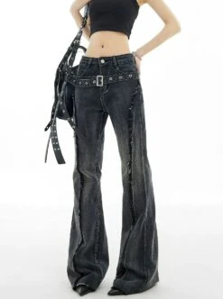 Distressed Stitch Flare Denim Jeans With Metallic Detail Belt -Modern Wear Shop 3f8a9e0c51b6776309e851c8bae3b253
