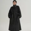 Asymmetric Button Belted Long Coat
