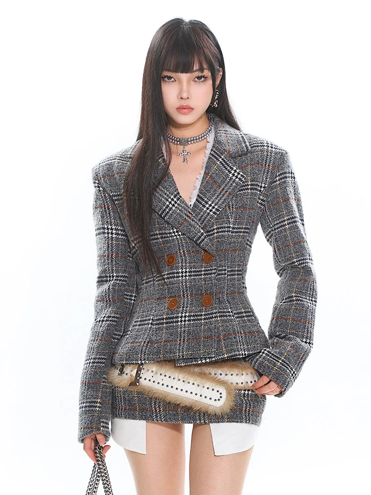 Double-Breasted Plaid Blazer And Micro Mini Skirt Two Piece Set 3 Double-Breasted Plaid Blazer And Micro Mini Skirt Two Piece Set - Image 3