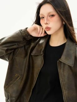 Faux Leather Bomber Jacket With Elastic Cuffs And Hem -Modern Wear Shop 401919d90b4c12e82740008686952a74