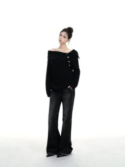 Off-Shoulder Buttoned Knit Sweater Top -Modern Wear Shop 406f3db1dfc3efb9ee4e8b9c716f181f