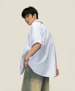 Pinstripe Short Sleeve Button-Up Shirt With Chest Pocket -Modern Wear Shop 4139fb1250ddf0f867be60436c573955