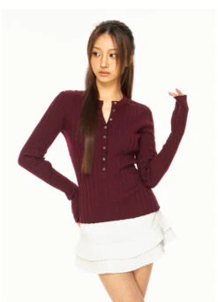 Ribbed Henley Long Sleeve Knit Top With Button Detail -Modern Wear Shop 4146906d96e7425ee29e87fabdf26b42