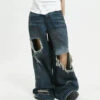 Wide-Leg Distressed Knee-Blown Denim Jeans