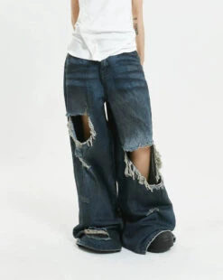 Wide-Leg Distressed Knee-Blown Denim Jeans