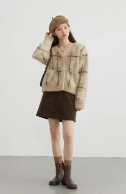 Fuzzy Plaid Cardigan With Pearl Buttons -Modern Wear Shop 41f30e5700d62c77a31697d7a59b18f8