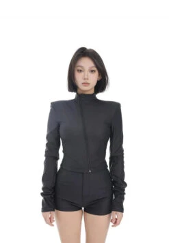 Mock Neck Asymmetric Zip Jacket And Micro Shorts Two-Piece Set