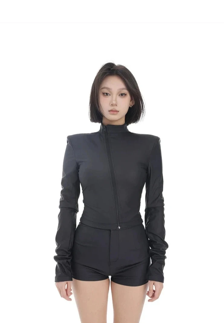 Mock Neck Asymmetric Zip Jacket And Micro Shorts Two-Piece Set 1 Mock Neck Asymmetric Zip Jacket And Micro Shorts Two-Piece Set