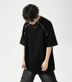 Oversized Black T-Shirt With Zipper Shoulder Detail -Modern Wear Shop 4245453c0996639cf10c026077840789