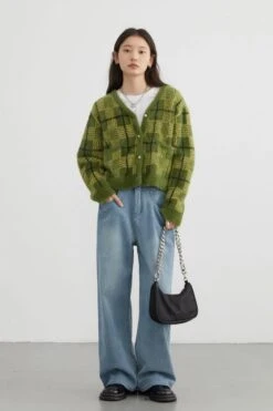 Fuzzy Plaid Cardigan With Pearl Buttons -Modern Wear Shop 426f448608038f14f1f2be4f44e7aef3