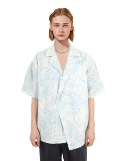 Leaf Print Short Sleeve Asymmetric Button Shirt