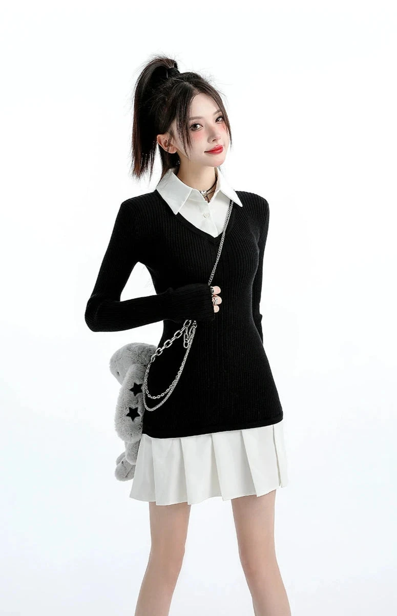 Mock Layered Pleated Hem Long Sleeve Dress 2 Mock Layered Pleated Hem Long Sleeve Dress - Image 2