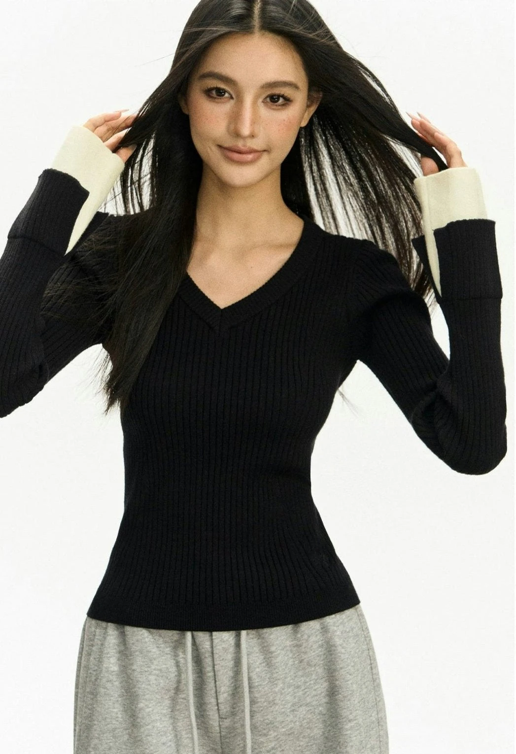 Ribbed V-Neck Two Tone Long Sleeve Knit Top 5 Ribbed V-Neck Two Tone Long Sleeve Knit Top - Image 5