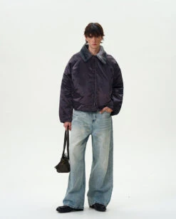 Contrast Faux Fur Collar Glossy Snap Button Bomber Jacket -Modern Wear Shop 42f3c371670df993f9fabf154f89746c