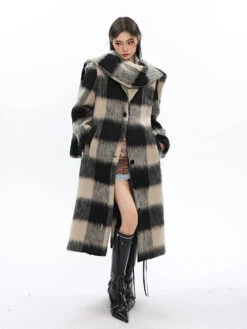 Oversized Fuzzy Checkered Overcoat With Scarf Detail -Modern Wear Shop 42f762b7dfff749930b9123b44390bc6