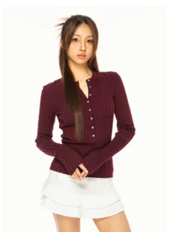 Ribbed Henley Long Sleeve Knit Top With Button Detail -Modern Wear Shop 4349fa4b60540f5ae60c01d72257610e