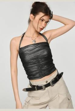 Metallic Ruched Halter Neck Crop Top