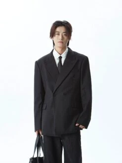 Double Breasted Structured Shoulder Blazer With Wide Lapel -Modern Wear Shop 44379327bf42362d3422aa60d6ce98c9