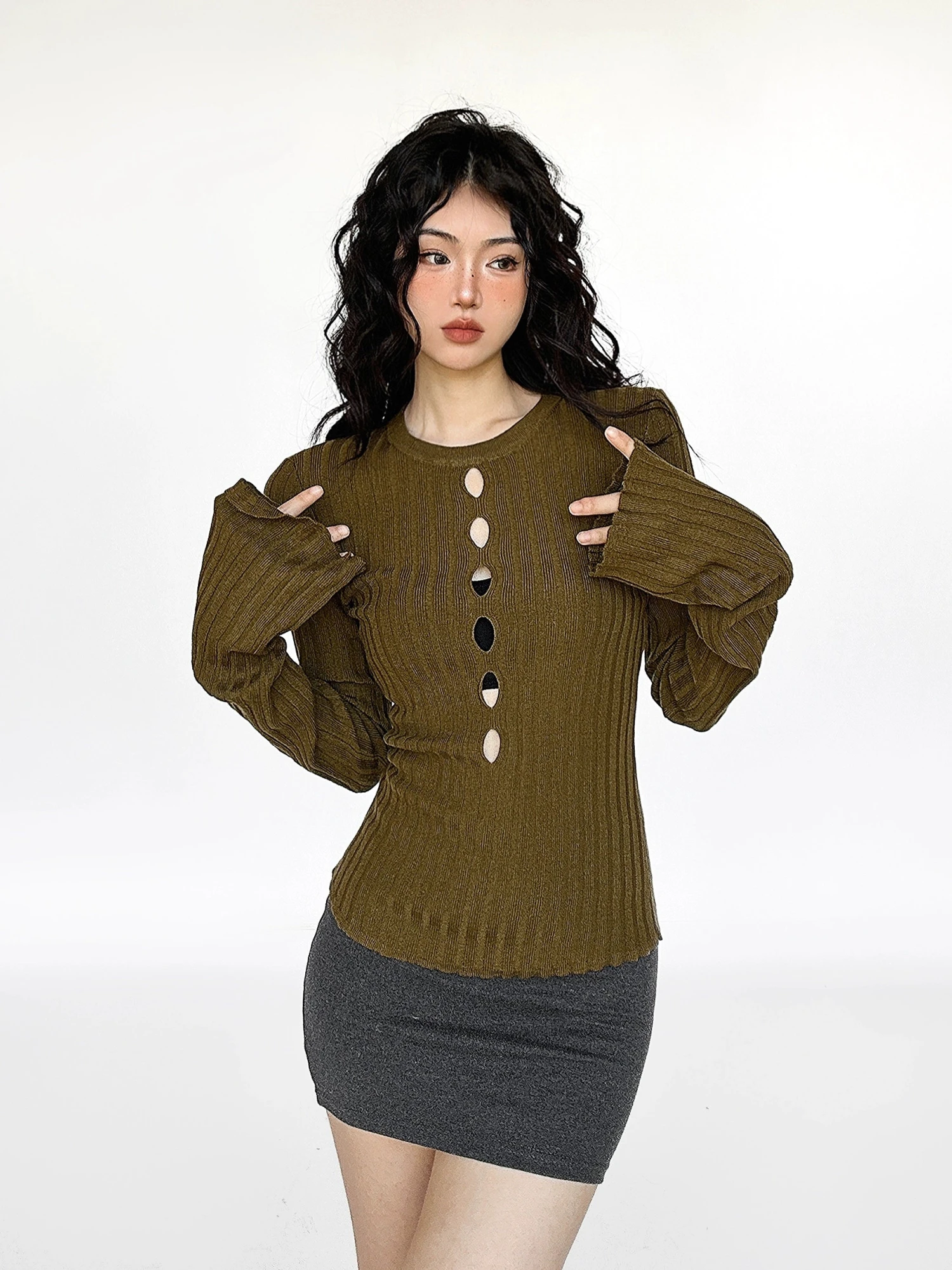 Flare Long Sleeve Ribbed Knit Top With Cutouts 10 Flare Long Sleeve Ribbed Knit Top With Cutouts - Image 10