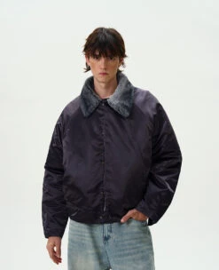 Contrast Faux Fur Collar Glossy Snap Button Bomber Jacket -Modern Wear Shop 4478b8e1039dd0d765274e51b8959ad2