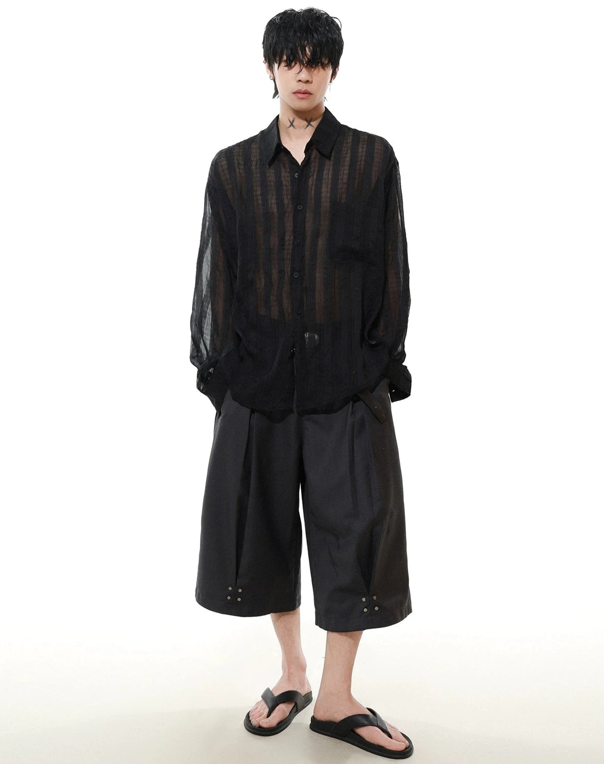 Sheer Striped Button-Up Long Sleeve Shirt With Chest Pocket 8 Sheer Striped Button-Up Long Sleeve Shirt With Chest Pocket - Image 8