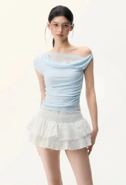 Off Shoulder Mesh Lace Panel Asymmetric Top -Modern Wear Shop 44a3a08b97af6be15fb4556a499942ef