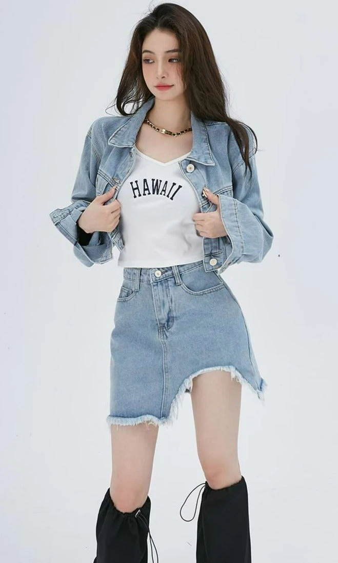 Cropped Denim Jacket And Distressed Hem Mini Skirt Two-Piece Set 3 Cropped Denim Jacket And Distressed Hem Mini Skirt Two-Piece Set - Image 3