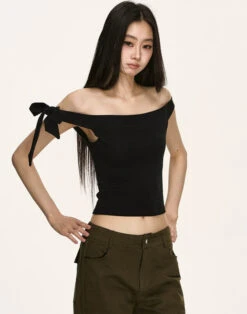 Off Shoulder Ribbed Knit Top With Side Bow Detail -Modern Wear Shop 44cbb9c9f8b887ef756a69133dc631d1