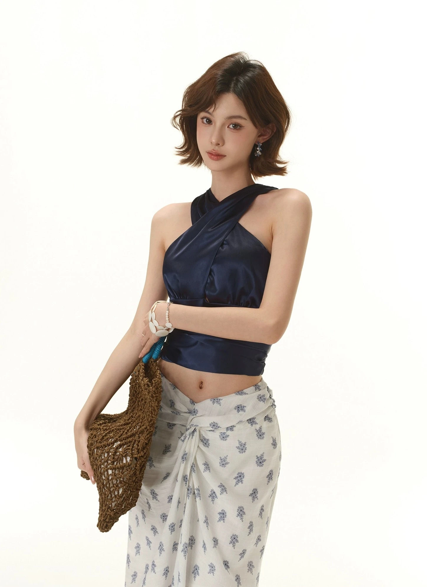 Satin Crisscross Halter Neck Wrap Crop Top 3 Satin Crisscross Halter Neck Wrap Crop Top - Image 3