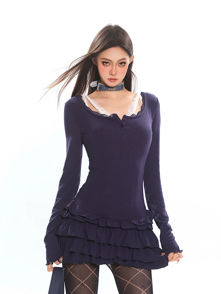 Tiered Ruffle Long Sleeve Mini Dress With Lace Trim 2 Tiered Ruffle Long Sleeve Mini Dress With Lace Trim - Image 2
