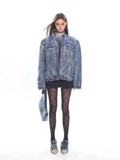 Distressed Trim Stripe-Washed Boxy Denim Jacket -Modern Wear Shop 454169beec18346696672d9b8b5fcd47