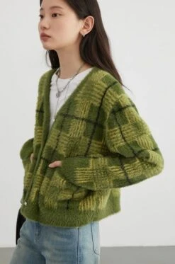Fuzzy Plaid Cardigan With Pearl Buttons -Modern Wear Shop 45802cd65ac2661b7d921d3fad78deed