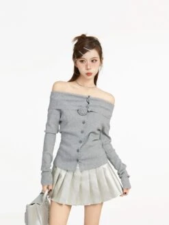 Off Shoulder Long Sleeve Button Top With Flower Applique 16 Off Shoulder Long Sleeve Button Top With Flower Applique -Modern Wear Shop 45fea6259c4bde080e6ff3a316416aec