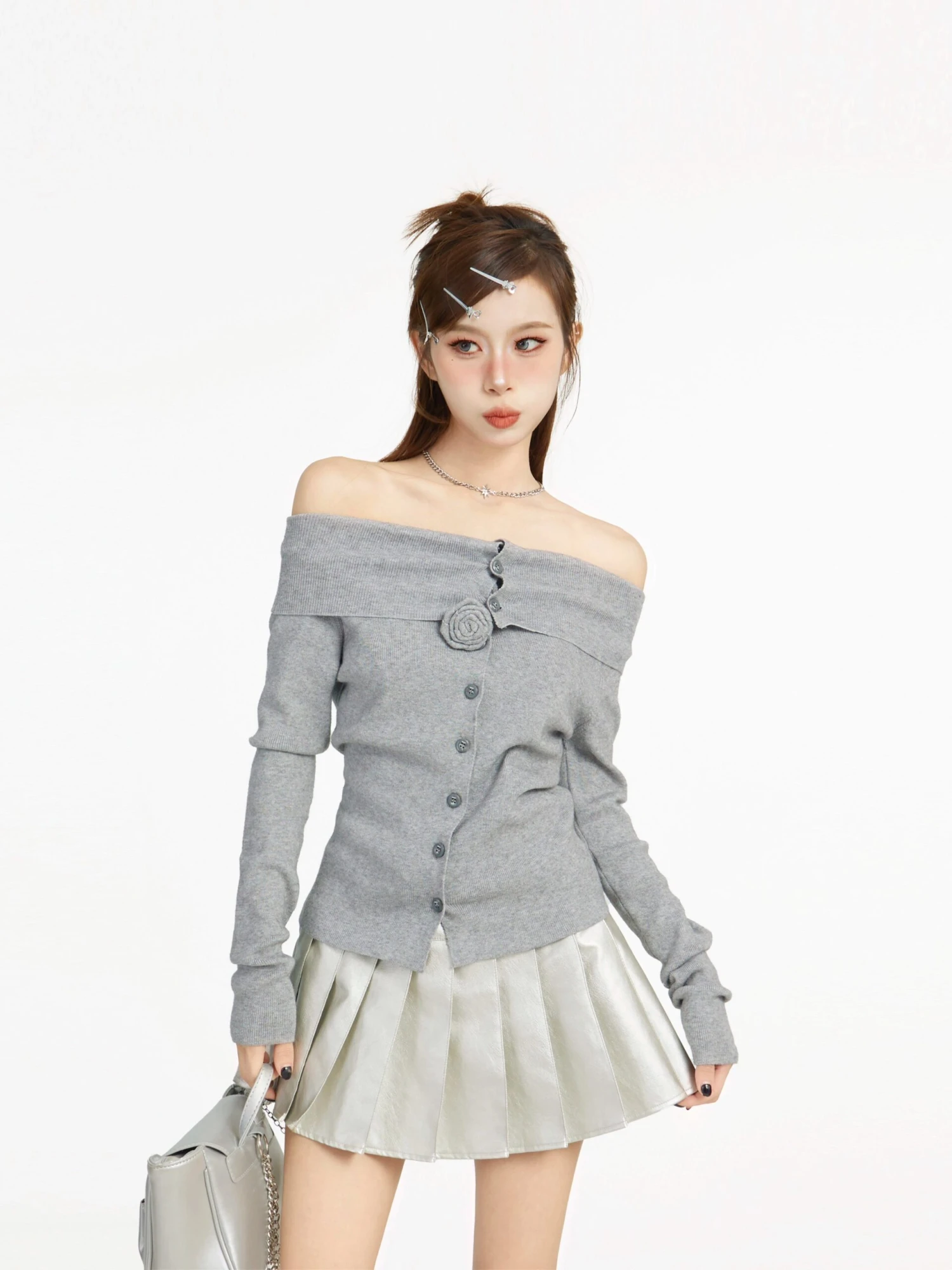 Off Shoulder Long Sleeve Button Top With Flower Applique 6 Off Shoulder Long Sleeve Button Top With Flower Applique - Image 6