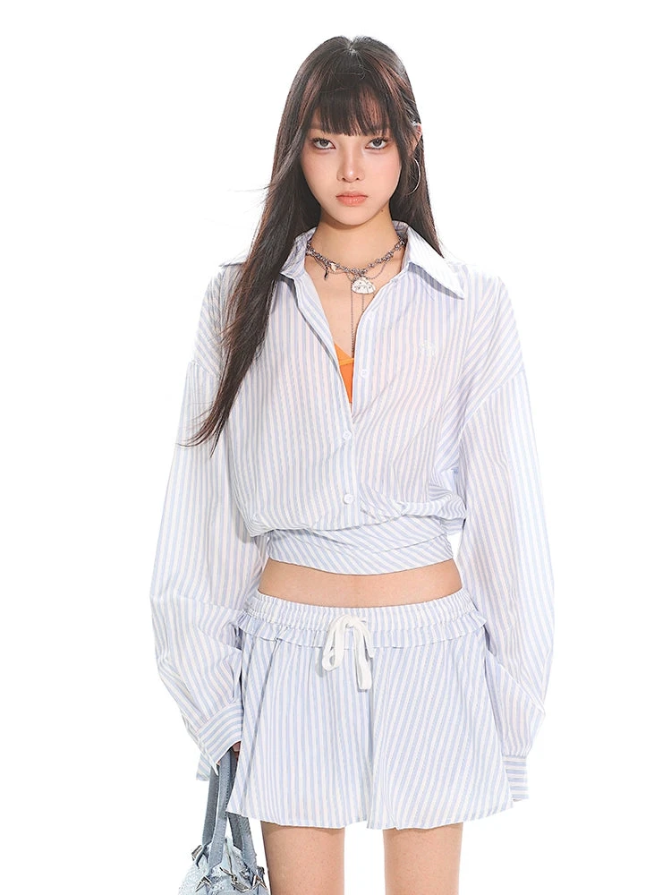 Striped Button-Up Long Sleeve Shirt And Elastic Waist Mini Skirt Two-Piece Set 1 Striped Button-Up Long Sleeve Shirt And Elastic Waist Mini Skirt Two-Piece Set