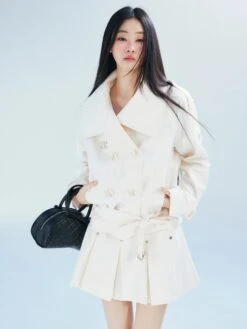 Double-Breasted Cropped Trench Coat With Belt Detail