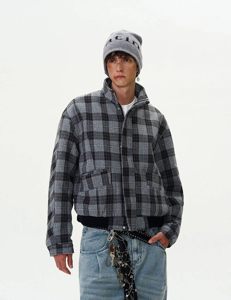 Plaid Bomber Jacket With Stand Collar 3 Plaid Bomber Jacket With Stand Collar - Image 3