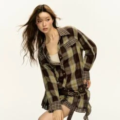 Checker Patchwork Plaid Long-Sleeve Button Shirt And Pleated Mini Skirt Two-Piece Set -Modern Wear Shop 46b984e80a7101d736f5a257d8c2d1a1