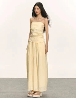 Linen Strapless Top And Elastic Waist Maxi Skirt Two-Piece Set