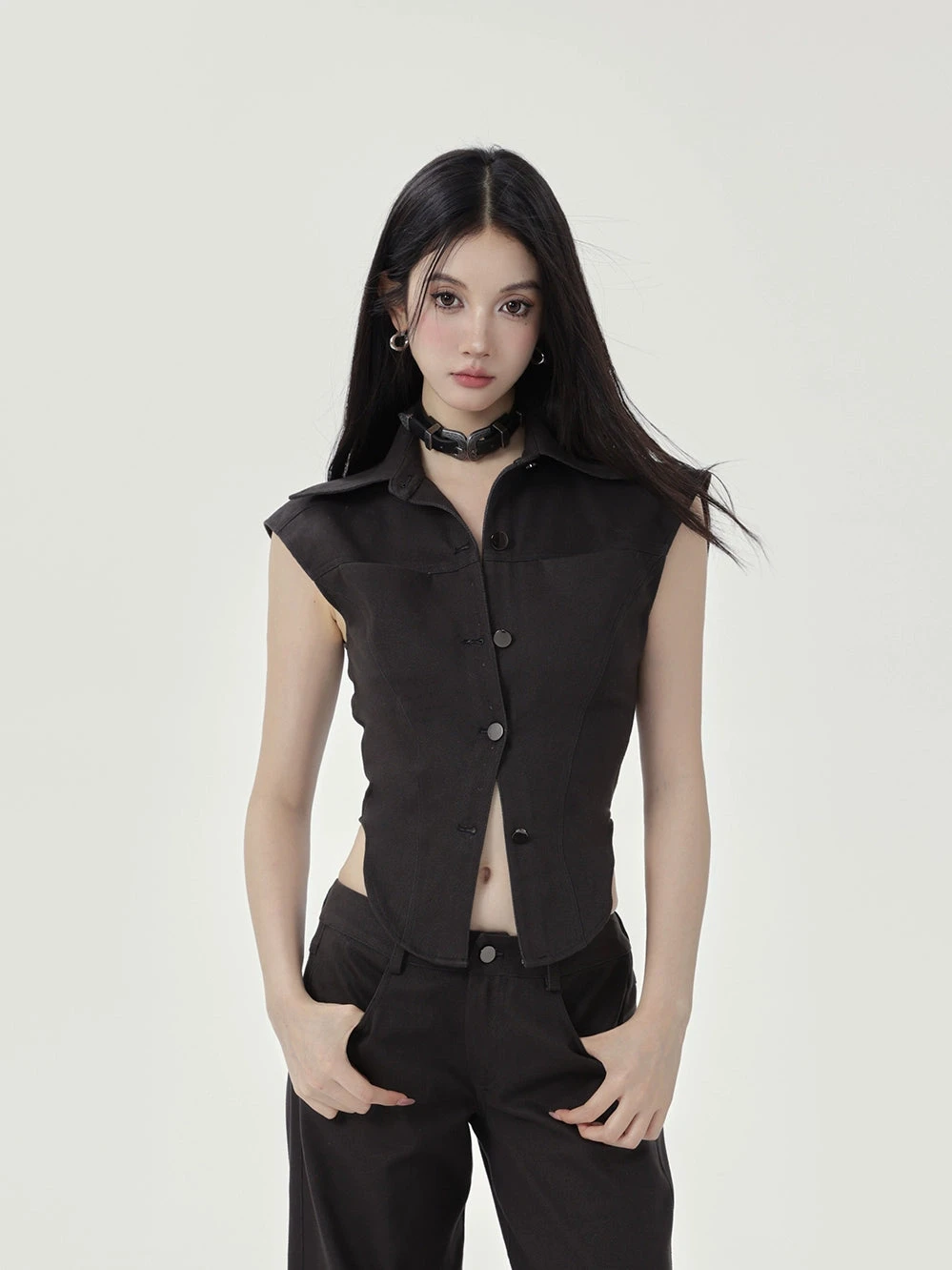 Sleeveless Collared Button-Up Waistcoat Top 2 Sleeveless Collared Button-Up Waistcoat Top - Image 2