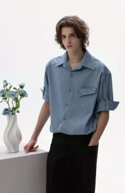Button-Up Shirt With Rolled Tab Sleeves And Chest Pocket -Modern Wear Shop 474c52c67ea97210841986b7f04697fe