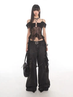 Lace Overlay Off-Shoulder Cropped Top With Hanging Ruffles -Modern Wear Shop 47936039e06cb1f7974a3985671c96a6