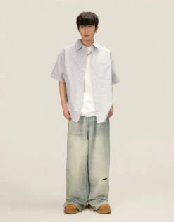 Pinstripe Short Sleeve Button-Up Shirt With Chest Pocket -Modern Wear Shop 47b0a5c761cff44c3baeb5287a97dced