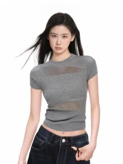 Ribbed Knit Sheer Panel Short Sleeve Top