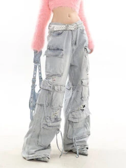 Distressed Wide-Leg Denim Cargo Jean Pants -Modern Wear Shop 483adab74576b028e697134ffe29819a