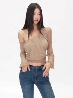 One Shoulder Ruched Mesh Long Sleeve Top -Modern Wear Shop 48d6d560b4fe276bfa0bba30bca7cc5d