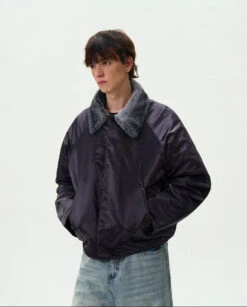 Contrast Faux Fur Collar Glossy Snap Button Bomber Jacket -Modern Wear Shop 49131170096fa33d20c6519060b3bb23